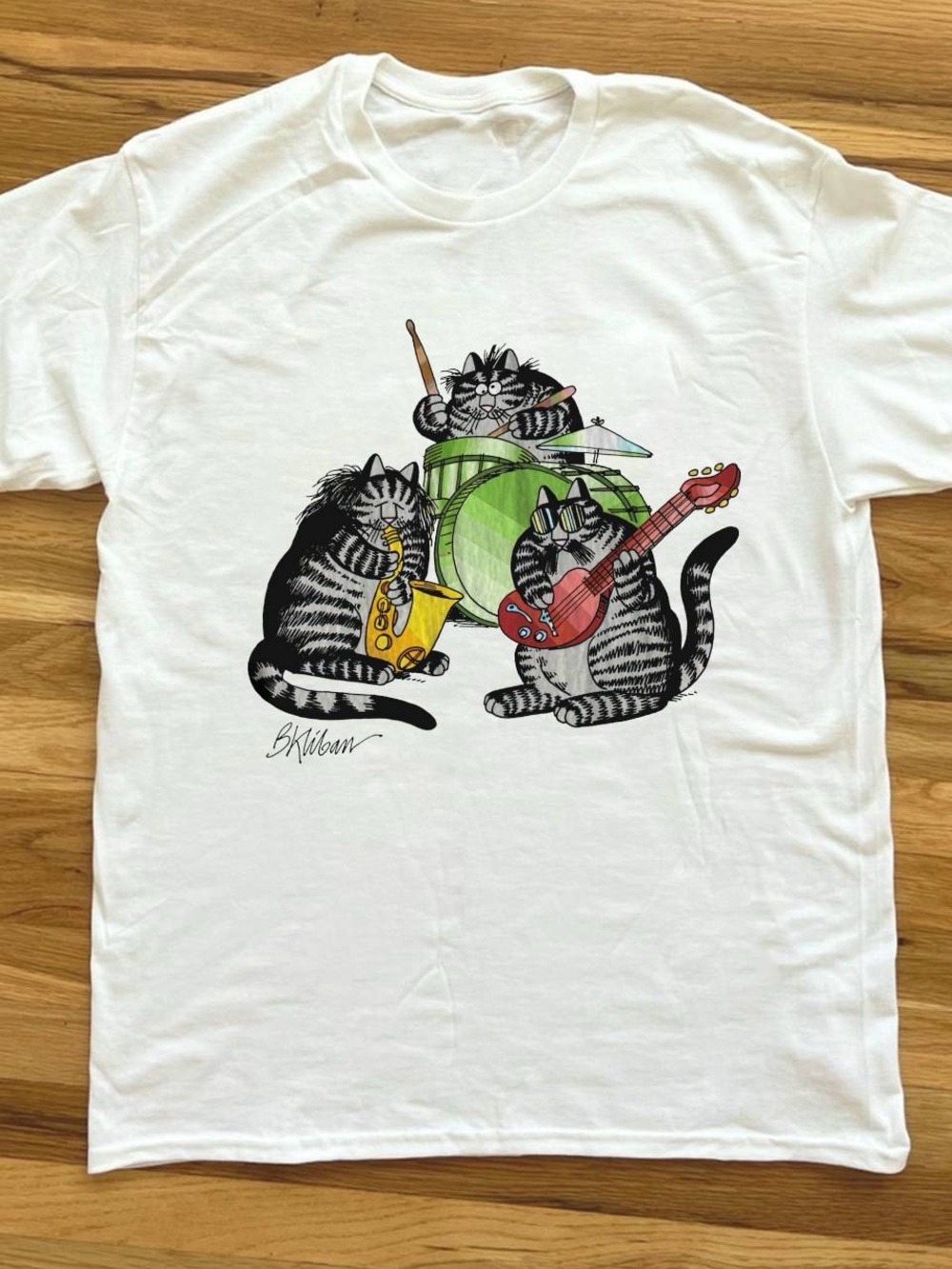Gildan White Tee with Cat Band Graphic in Green, Red, Yellow